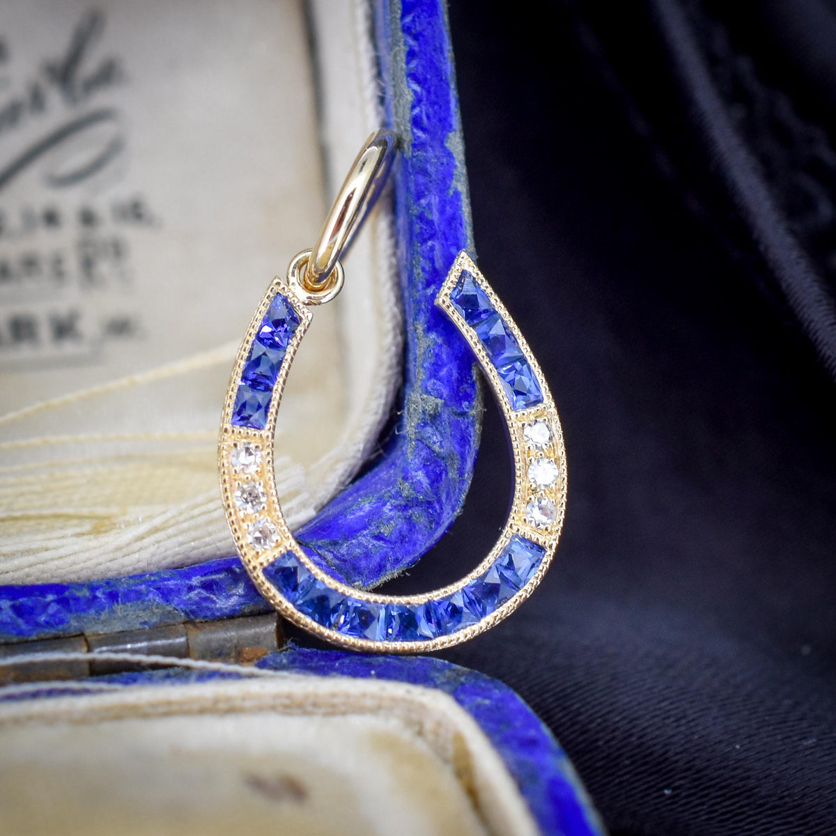 French Cut Blue Sapphire and Diamond Horseshoe 18ct Gold Charm Pendant