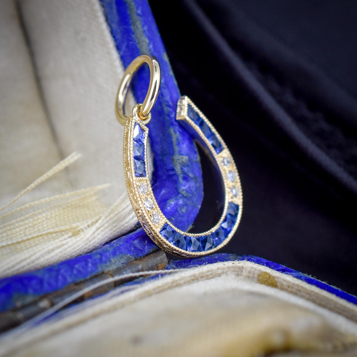 French Cut Blue Sapphire and Diamond Horseshoe 18ct Gold Charm Pendant