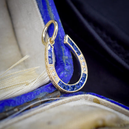 French Cut Blue Sapphire and Diamond Horseshoe 18ct Gold Charm Pendant