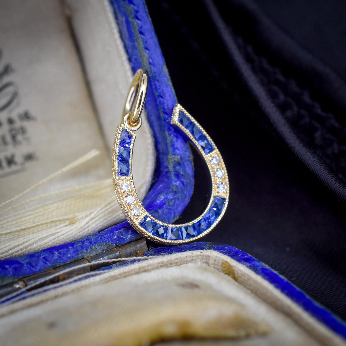French Cut Blue Sapphire and Diamond Horseshoe 18ct Gold Charm Pendant