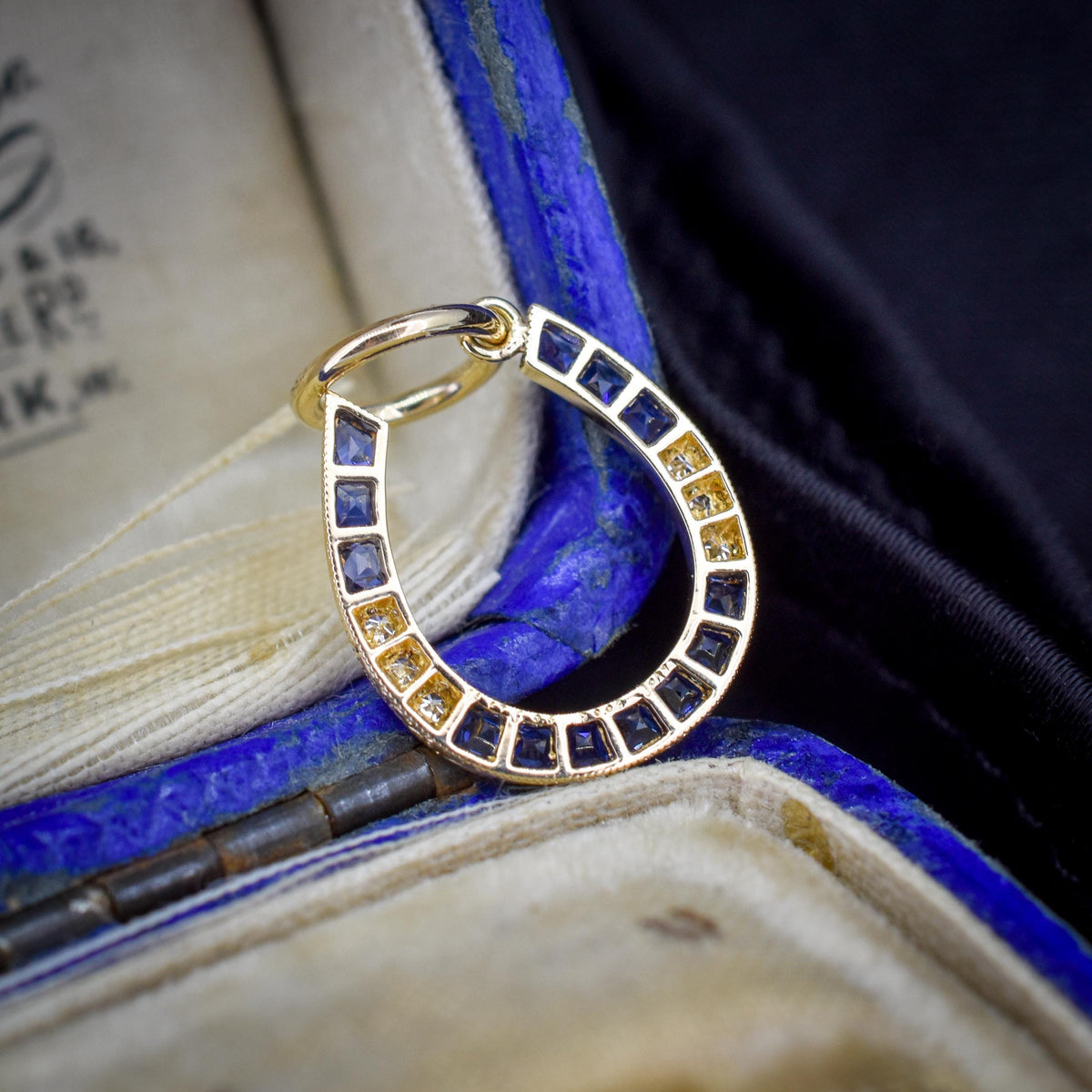 French Cut Blue Sapphire and Diamond Horseshoe 18ct Gold Charm Pendant