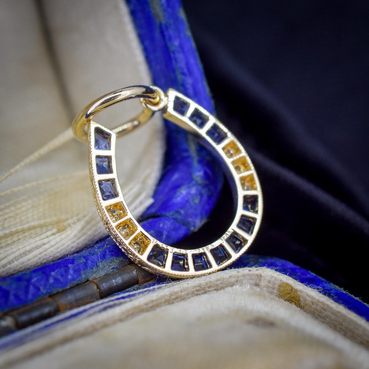 French Cut Blue Sapphire and Diamond Horseshoe 18ct Gold Charm Pendant