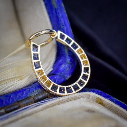 French Cut Blue Sapphire and Diamond Horseshoe 18ct Gold Charm Pendant