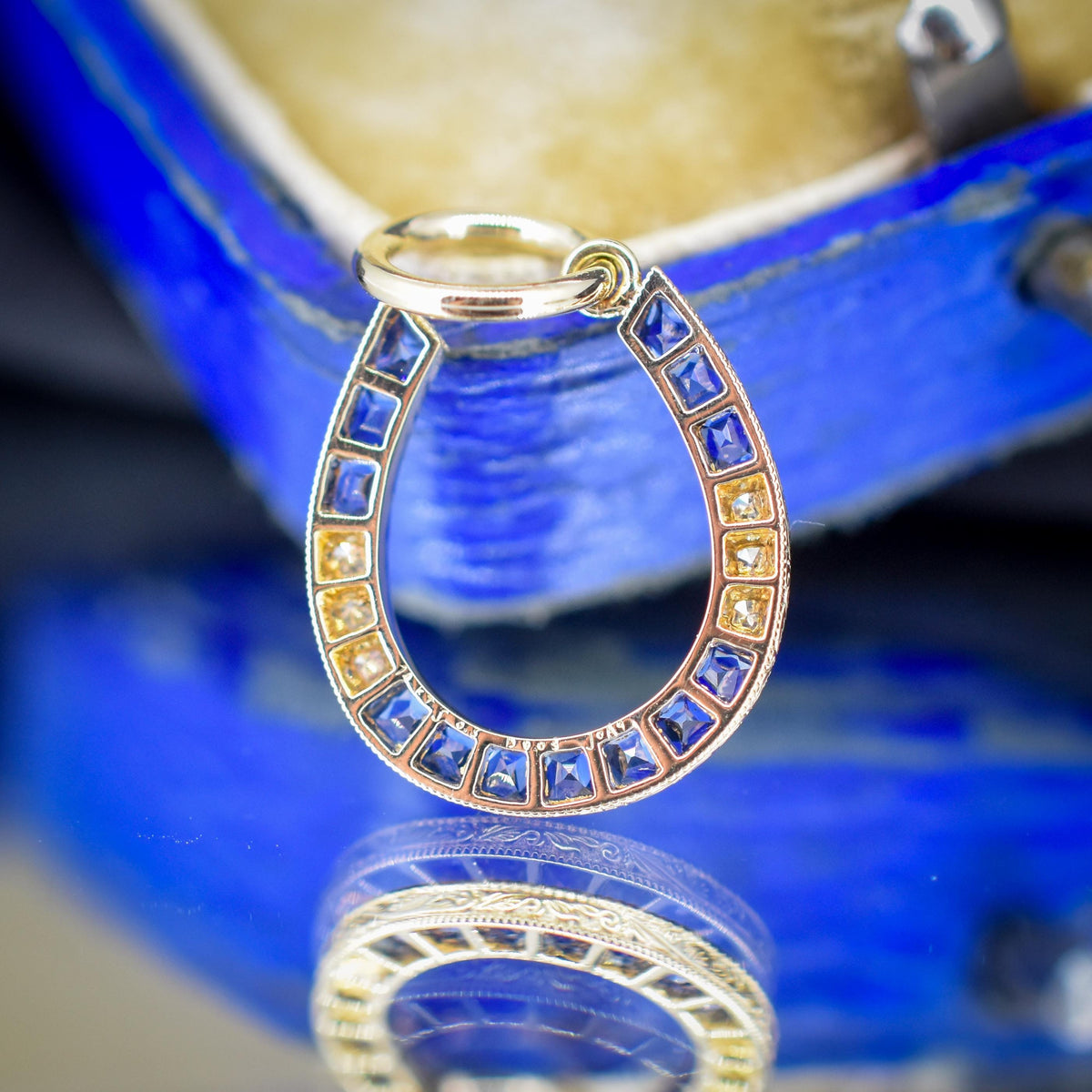French Cut Blue Sapphire and Diamond Horseshoe 18ct Gold Charm Pendant