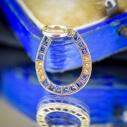 French Cut Blue Sapphire and Diamond Horseshoe 18ct Gold Charm Pendant