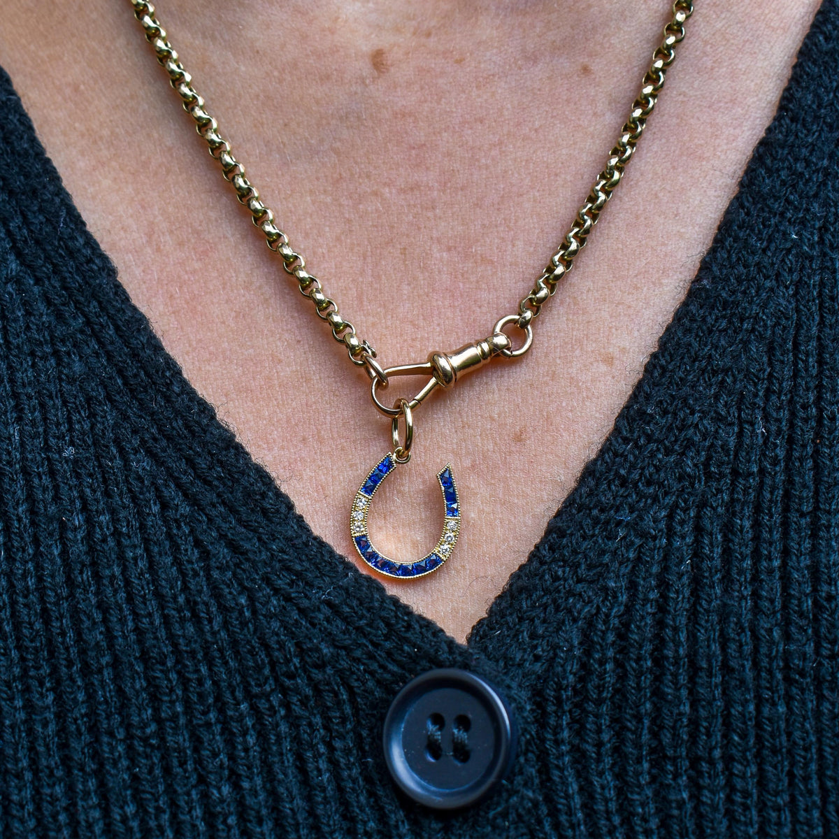 French Cut Blue Sapphire and Diamond Horseshoe 18ct Gold Charm Pendant