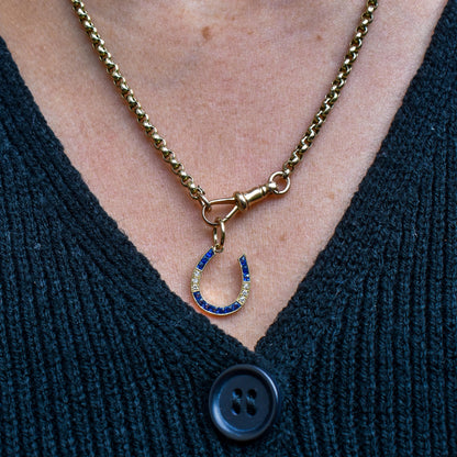 French Cut Blue Sapphire and Diamond Horseshoe 18ct Gold Charm Pendant