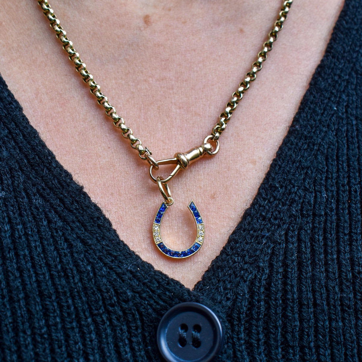 French Cut Blue Sapphire and Diamond Horseshoe 18ct Gold Charm Pendant