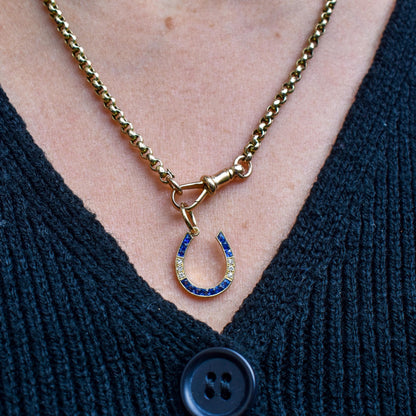 French Cut Blue Sapphire and Diamond Horseshoe 18ct Gold Charm Pendant