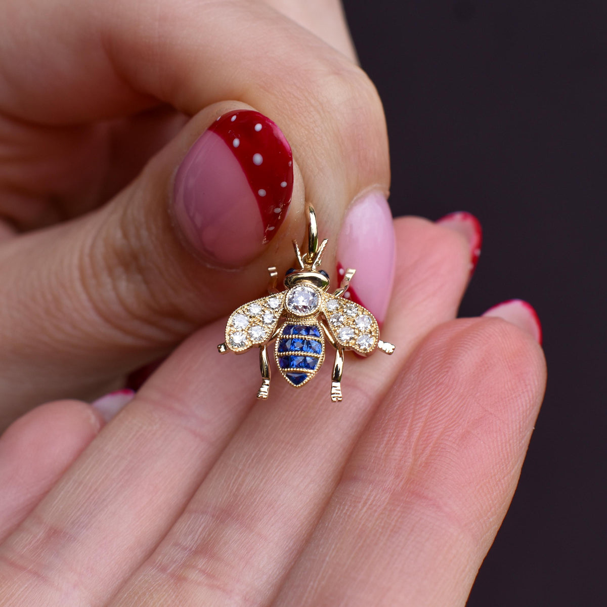 Blue Sapphire and Diamond 18ct Gold Insect Bee Pendant | 0.27ct Diamond