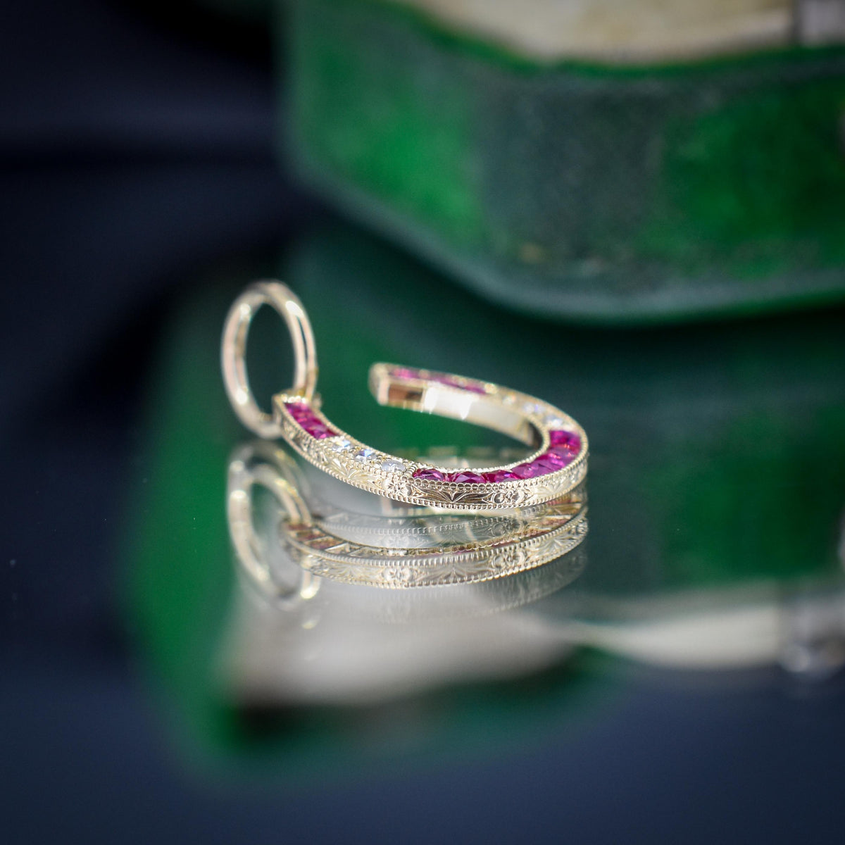 French Cut Ruby and Diamond Horseshoe 18ct Gold Charm Pendant