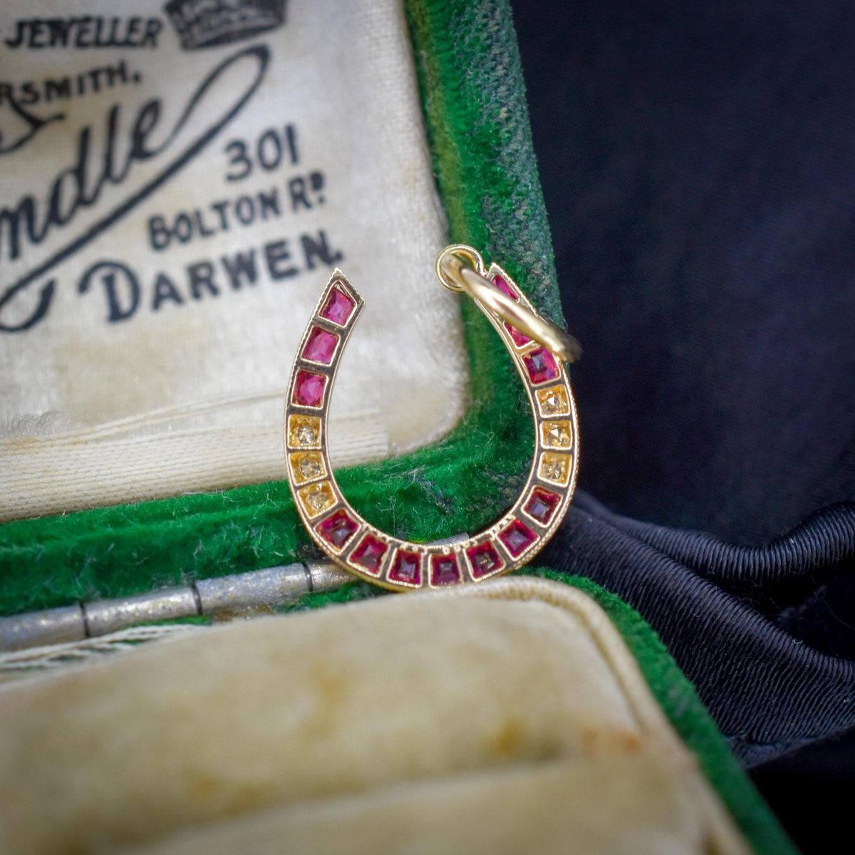 French Cut Ruby and Diamond Horseshoe 18ct Gold Charm Pendant