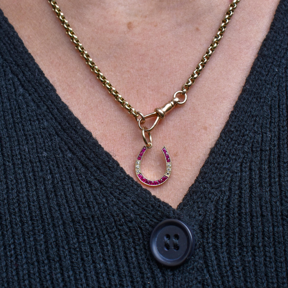 French Cut Ruby and Diamond Horseshoe 18ct Gold Charm Pendant