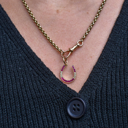 French Cut Ruby and Diamond Horseshoe 18ct Gold Charm Pendant