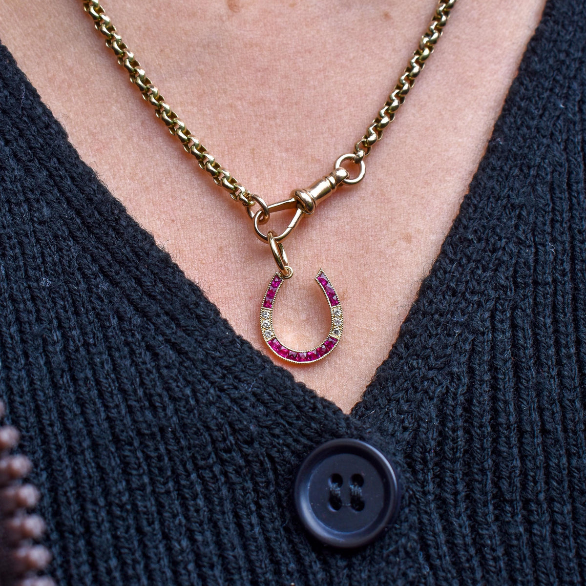 French Cut Ruby and Diamond Horseshoe 18ct Gold Charm Pendant