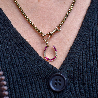 French Cut Ruby and Diamond Horseshoe 18ct Gold Charm Pendant