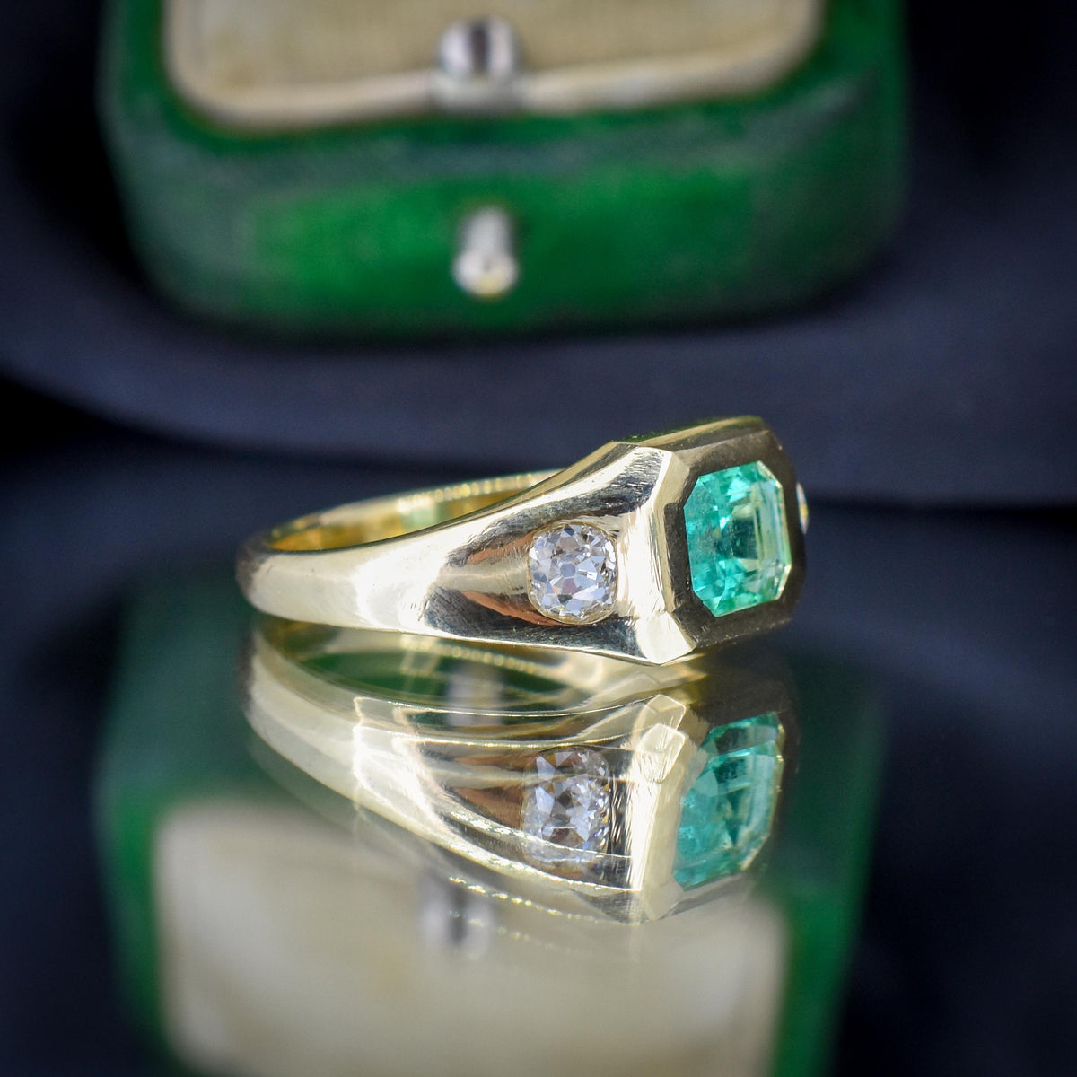 Natural Emerald and Diamond Three Stone 18ct Gold Gypsy Band Ring