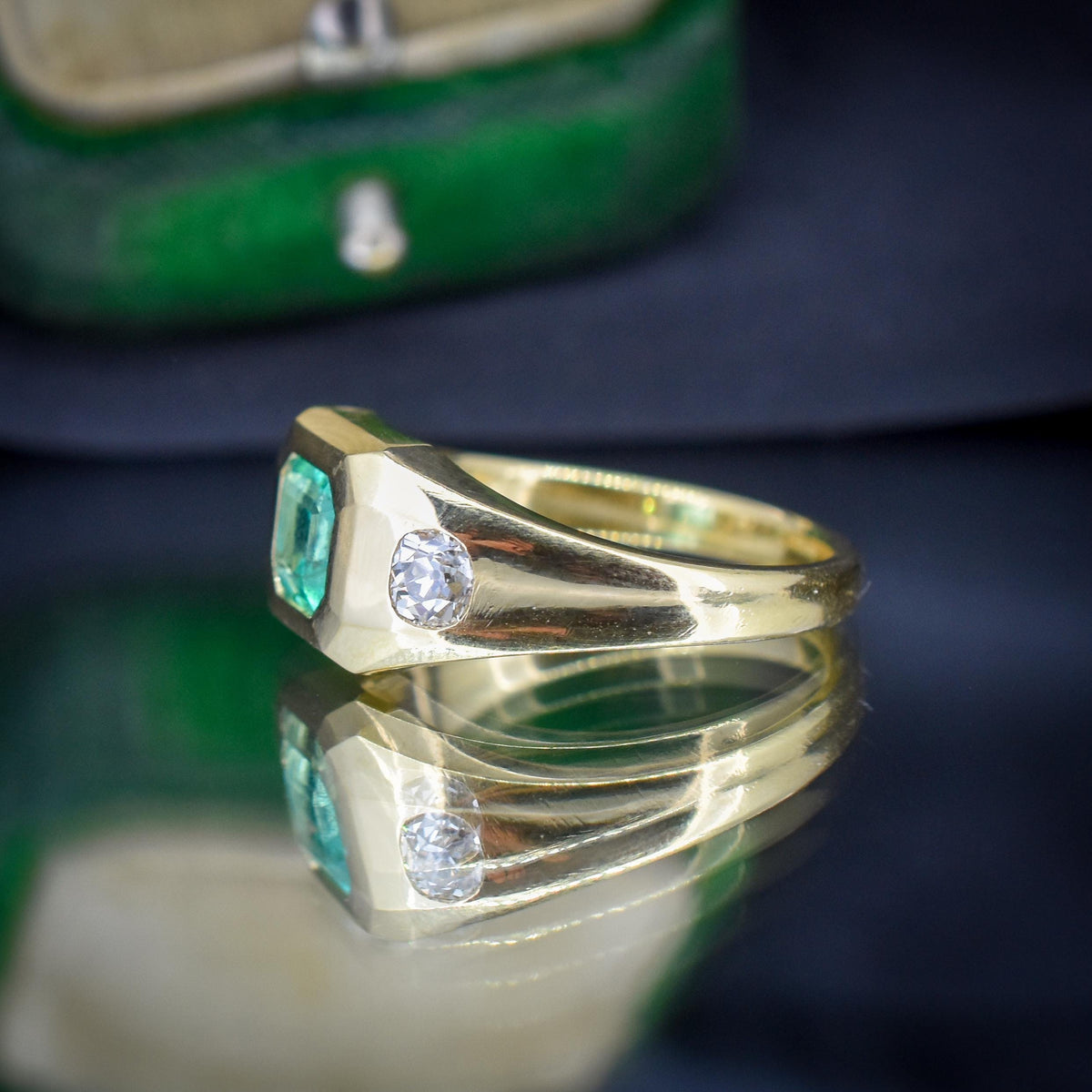 Natural Emerald and Diamond Three Stone 18ct Gold Gypsy Band Ring