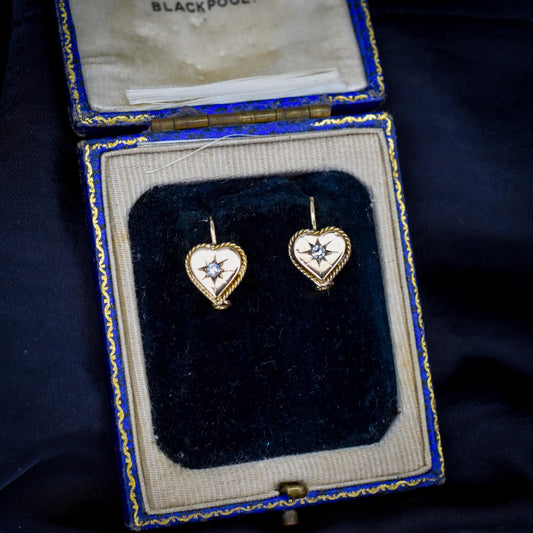 Antique Victorian 18ct Gold Diamond Starburst Heart Earrings