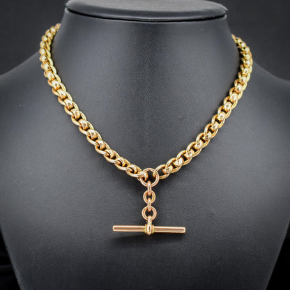 Antique Rollerball 9ct Gold Albert Chain Necklace with T-Bar and Double Dog Clips | 15"
