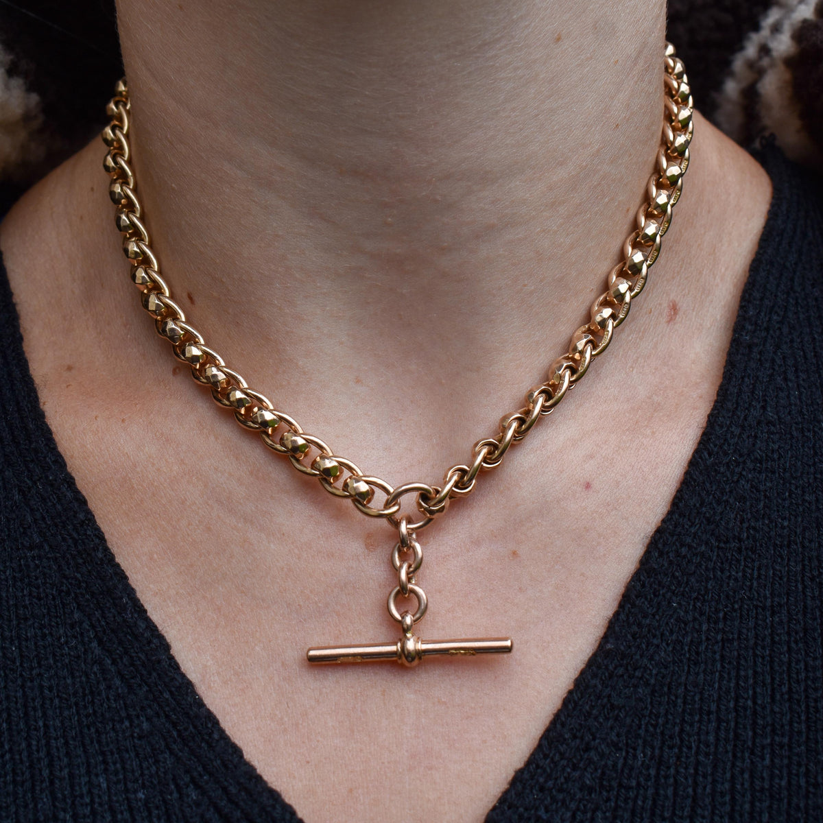 Antique Rollerball 9ct Gold Albert Chain Necklace with T-Bar and Double Dog Clips | 15"