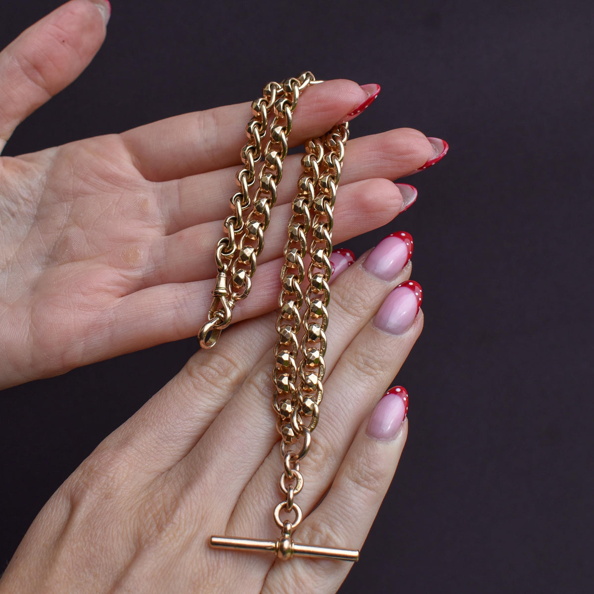 Antique Rollerball 9ct Gold Albert Chain Necklace with T-Bar and Double Dog Clips | 15"