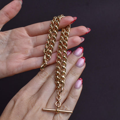 Antique Rollerball 9ct Gold Albert Chain Necklace with T-Bar and Double Dog Clips | 15"