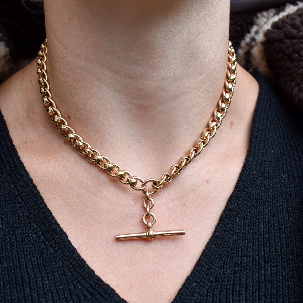 Antique Rollerball 9ct Gold Albert Chain Necklace with T-Bar and Double Dog Clips | 15"