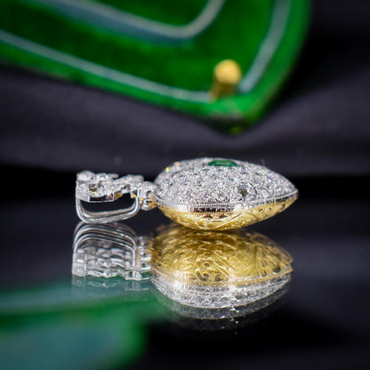 Emerald and Old Cut Diamond 1.04ct Heart Platinum and 18ct Gold Reversible Pendant