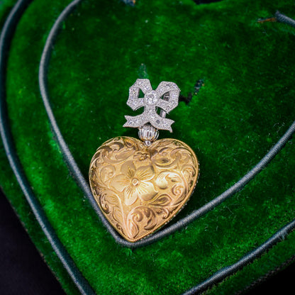 Emerald and Old Cut Diamond 1.04ct Heart Platinum and 18ct Gold Reversible Pendant