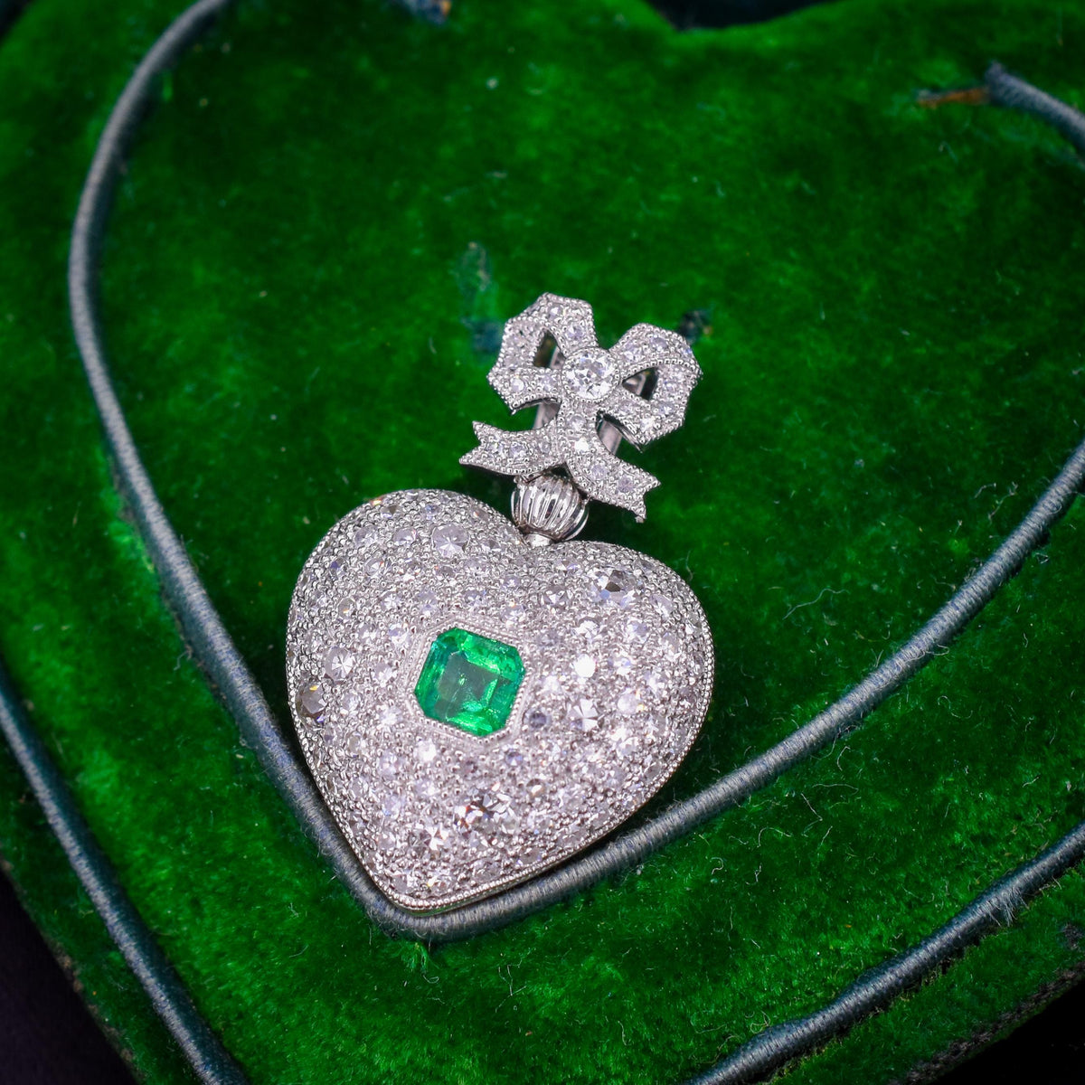 Emerald and Old Cut Diamond 1.04ct Heart Platinum and 18ct Gold Reversible Pendant