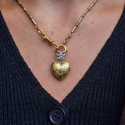 Emerald and Old Cut Diamond 1.04ct Heart Platinum and 18ct Gold Reversible Pendant