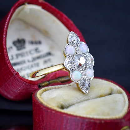 Antique Edwardian 0.78ct Old Cut Diamond and Opal Navette Cluster 18ct Gold Ring