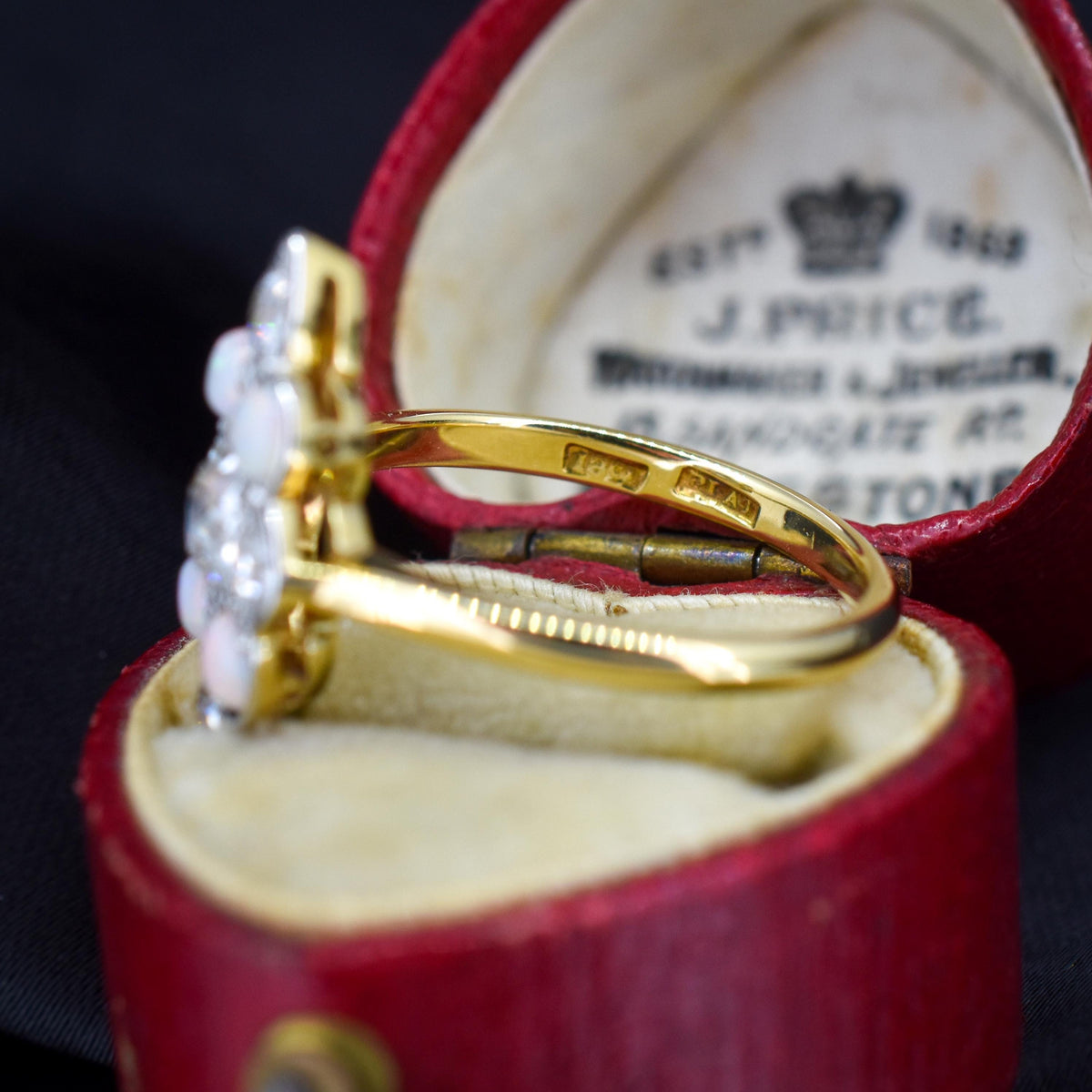 Antique Edwardian 0.78ct Old Cut Diamond and Opal Navette Cluster 18ct Gold Ring
