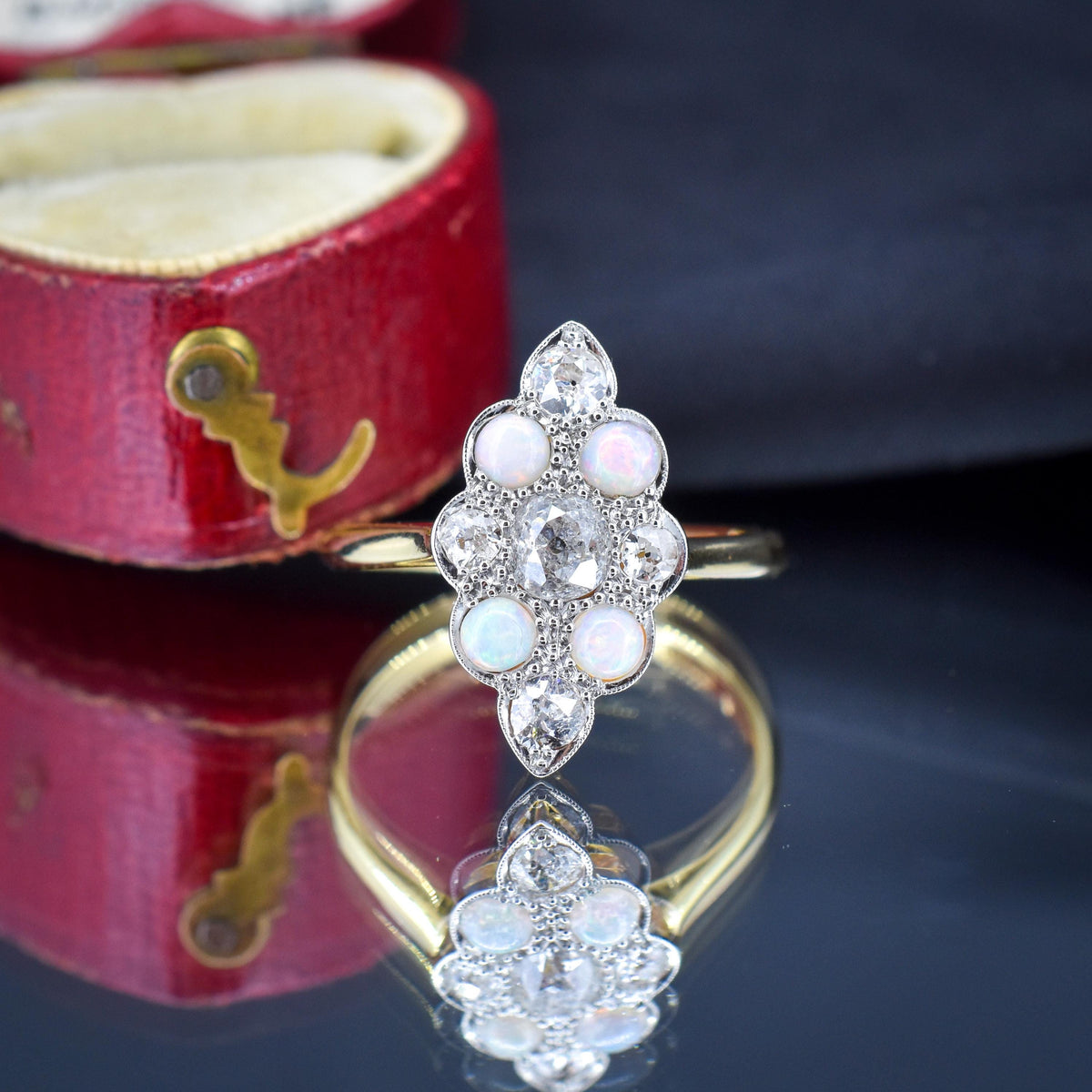 Antique Edwardian 0.78ct Old Cut Diamond and Opal Navette Cluster 18ct Gold Ring