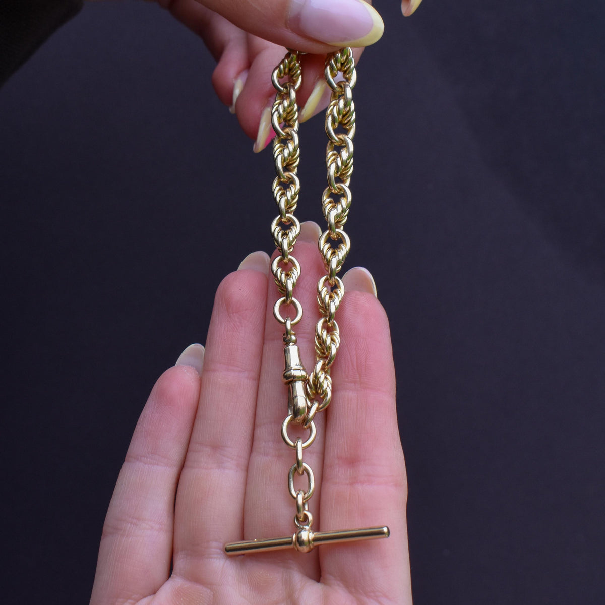 Antique Chunky Love Knot 9ct Yellow Gold Chain Bracelet with T-bar | 8"