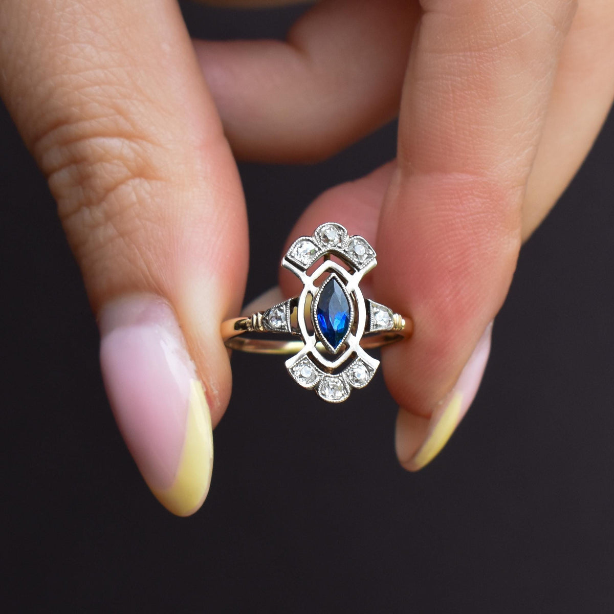 Art Deco Blue Sapphire and Diamond Navette Cluster Gold Ring