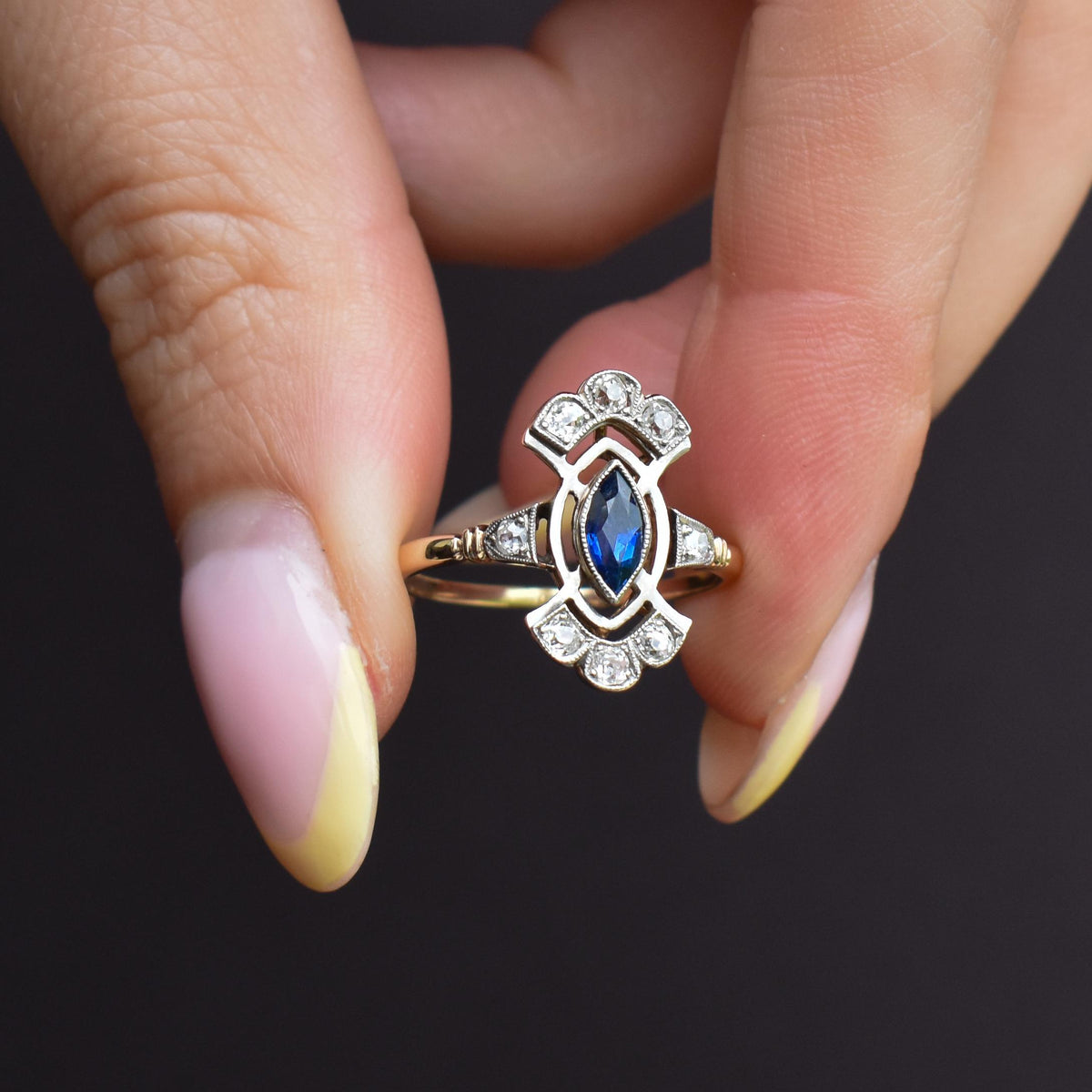 Art Deco Blue Sapphire and Diamond Navette Cluster Gold Ring
