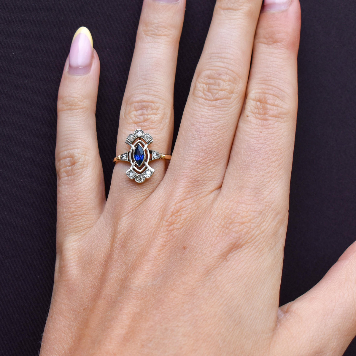 Art Deco Blue Sapphire and Diamond Navette Cluster Gold Ring