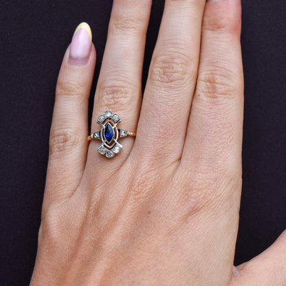 Art Deco Blue Sapphire and Diamond Navette Cluster Gold Ring