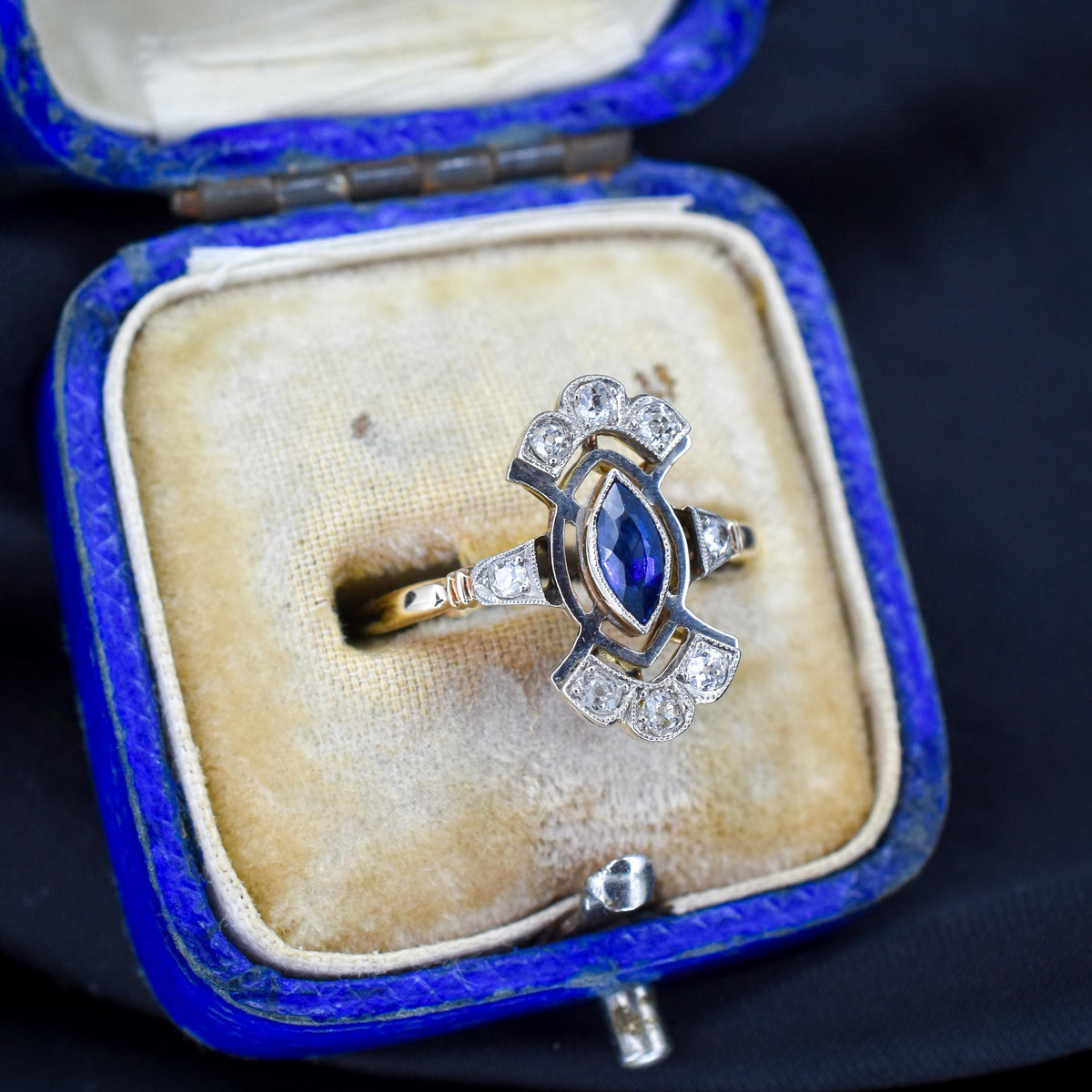 Art Deco Blue Sapphire and Diamond Navette Cluster Gold Ring