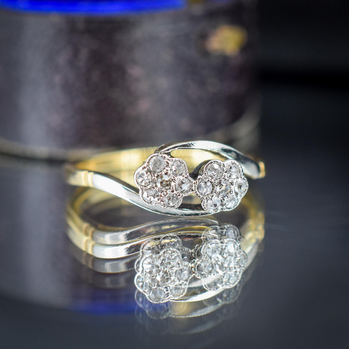 Antique Diamond Cluster Flower Daisy 18ct Gold Double Twist Ring