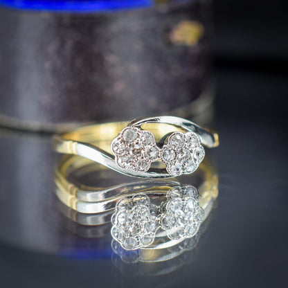 Antique Diamond Cluster Flower Daisy 18ct Gold Double Twist Ring