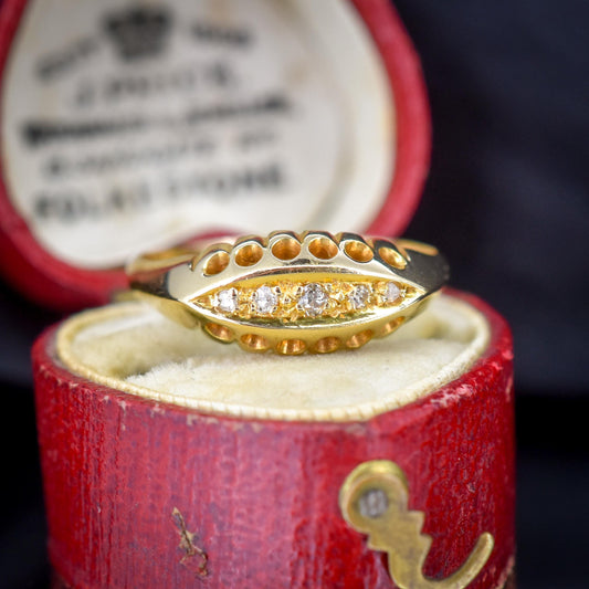 Antique Diamond Five Stone 18ct Yellow Gold Boat Ring | Dated 1919