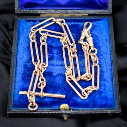 Antique '1918' 9ct Gold Trombone and Love Knot Link Albert Chain Necklace | 15.75"