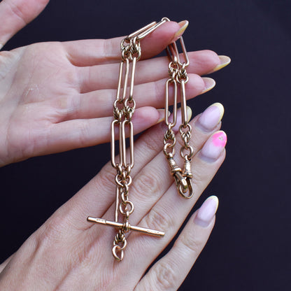 Antique '1918' 9ct Gold Trombone and Love Knot Link Albert Chain Necklace | 15.75"
