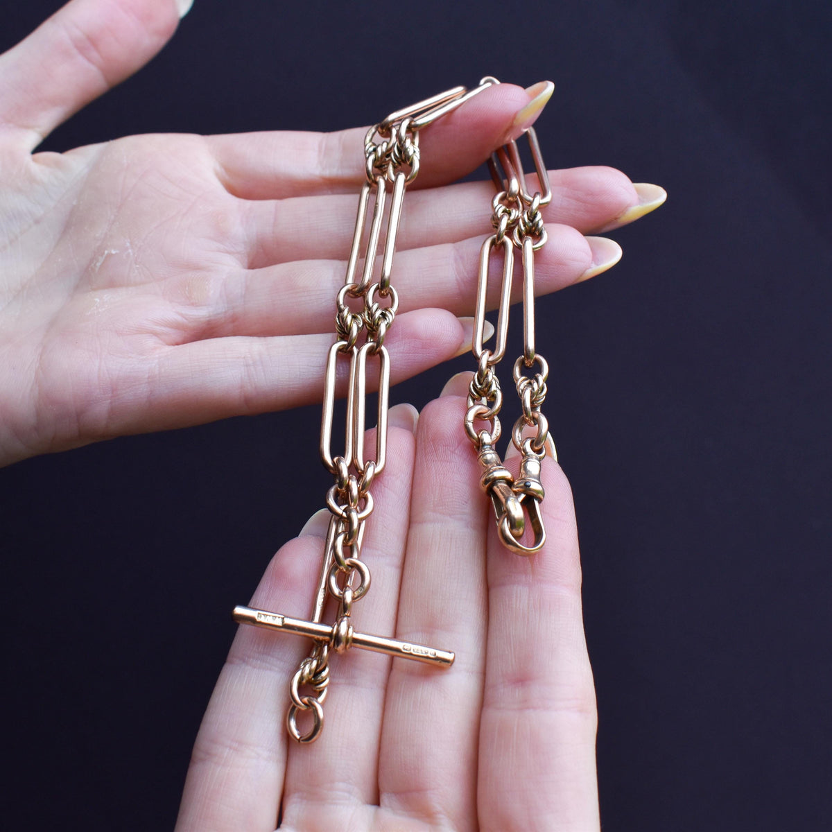 Antique '1918' 9ct Gold Trombone and Love Knot Link Albert Chain Necklace | 15.75"