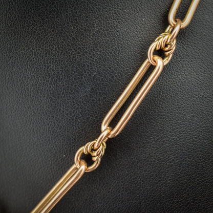 Antique '1918' 9ct Gold Trombone and Love Knot Link Albert Chain Necklace | 15.75"