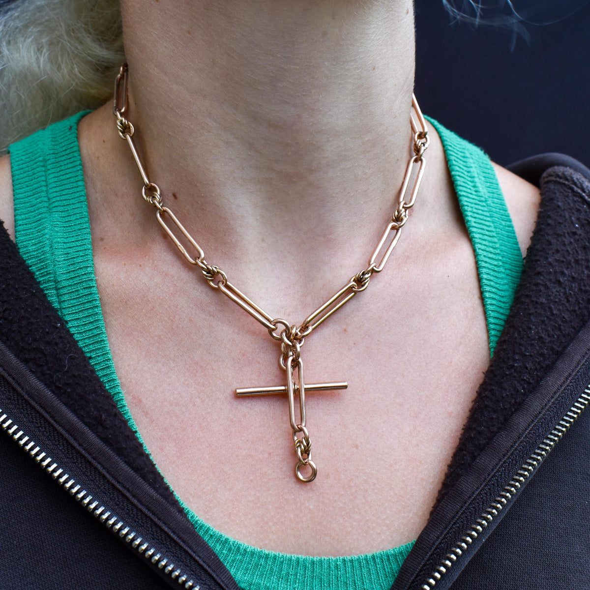 Antique '1918' 9ct Gold Trombone and Love Knot Link Albert Chain Necklace | 15.75"