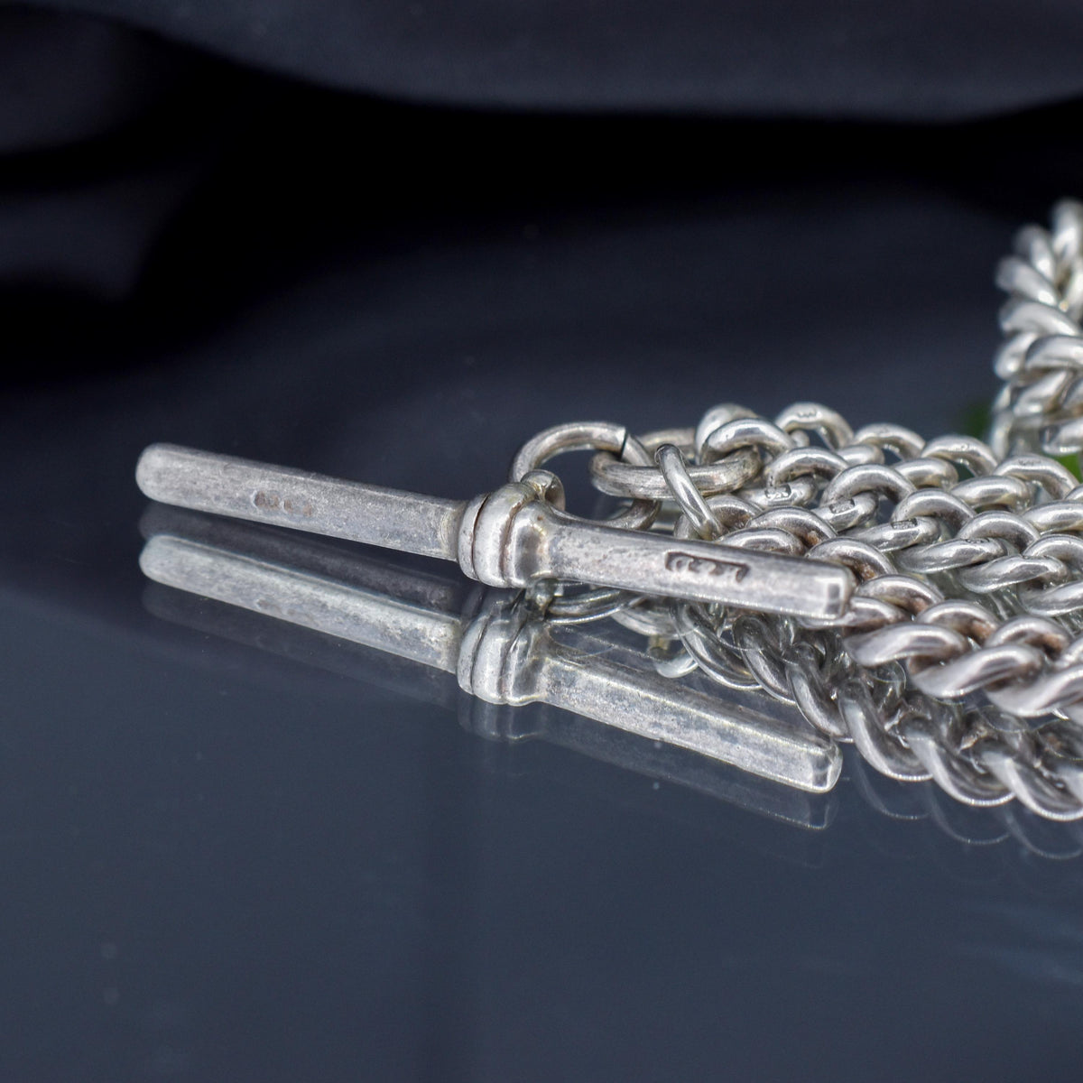Art Deco Sterling Silver Curb Link Double Albert Watch Chain Necklace – 15"